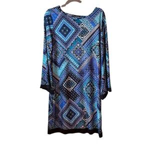 Knapp Studio Blue Geometric Print Bell Sleeve Shift Dress Small Boho Tile Print